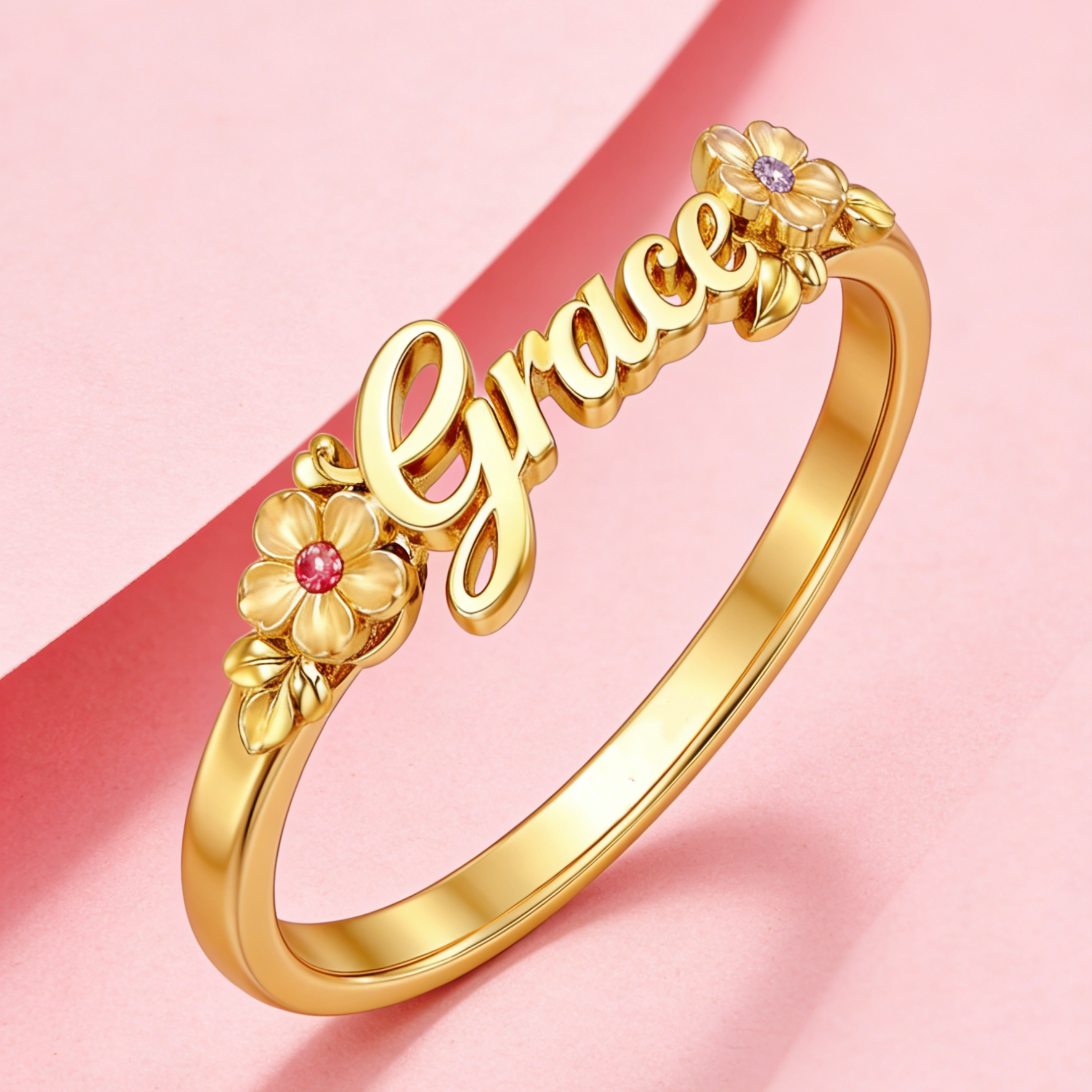 Personalized Two Birthstones Flower Name Ring Gift For Mom