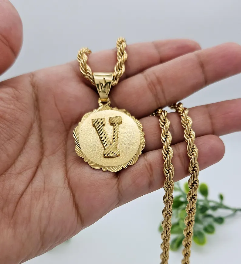Gold Plated Circle Initial Pendant Rope Chain Necklace