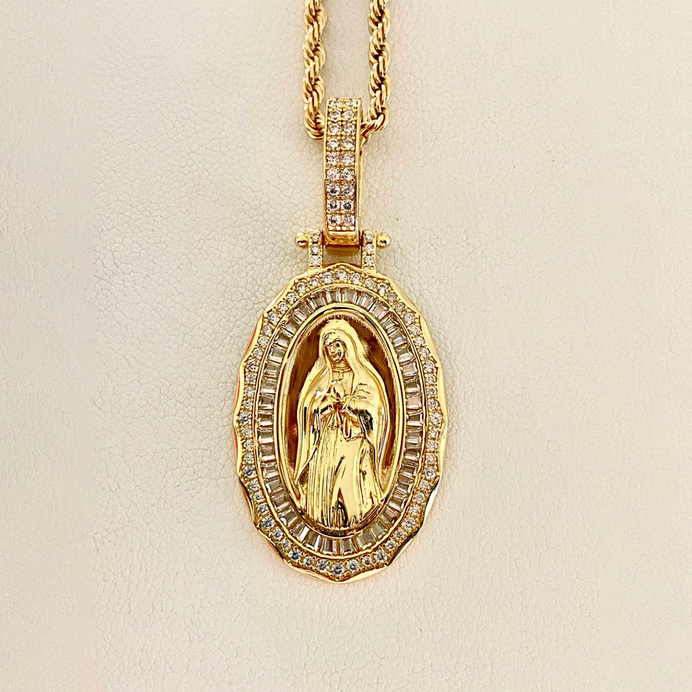 Diamond Cut Virgin Mary Necklace Rope Chain Gold Plated Necklace
