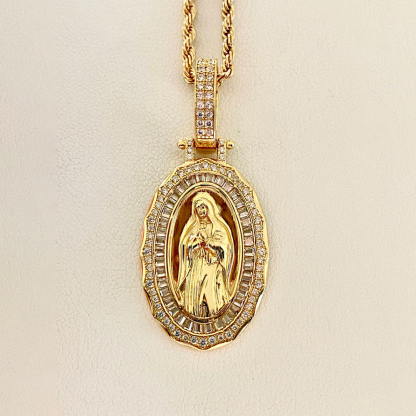 Diamond Cut Virgin Mary Necklace Rope Chain Gold Plated Necklace 