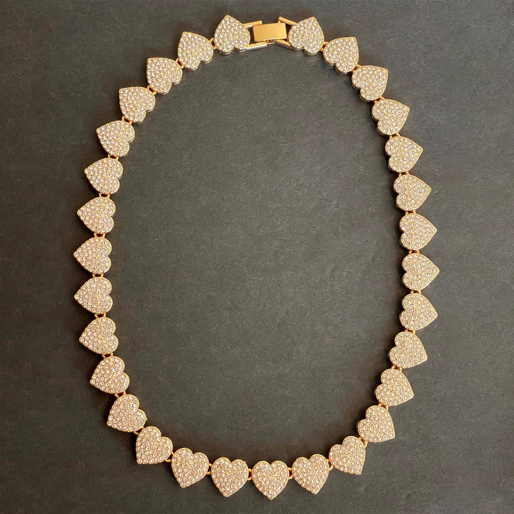 Sparkling Necklace Heart Link Chain Gold Plated Hip Hop Necklace 