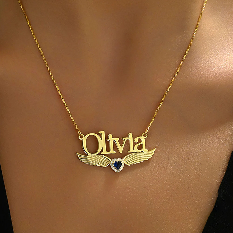 Angel Wings Personalized Birthstone With Name Necklace
