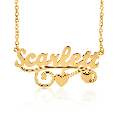 Custom Gold Plated Name Necklace With Two Hearts