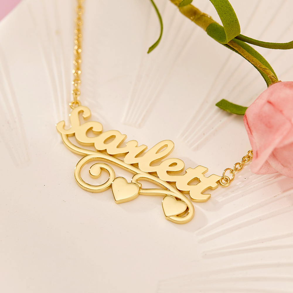 Custom Gold Plated Name Necklace With Two Hearts