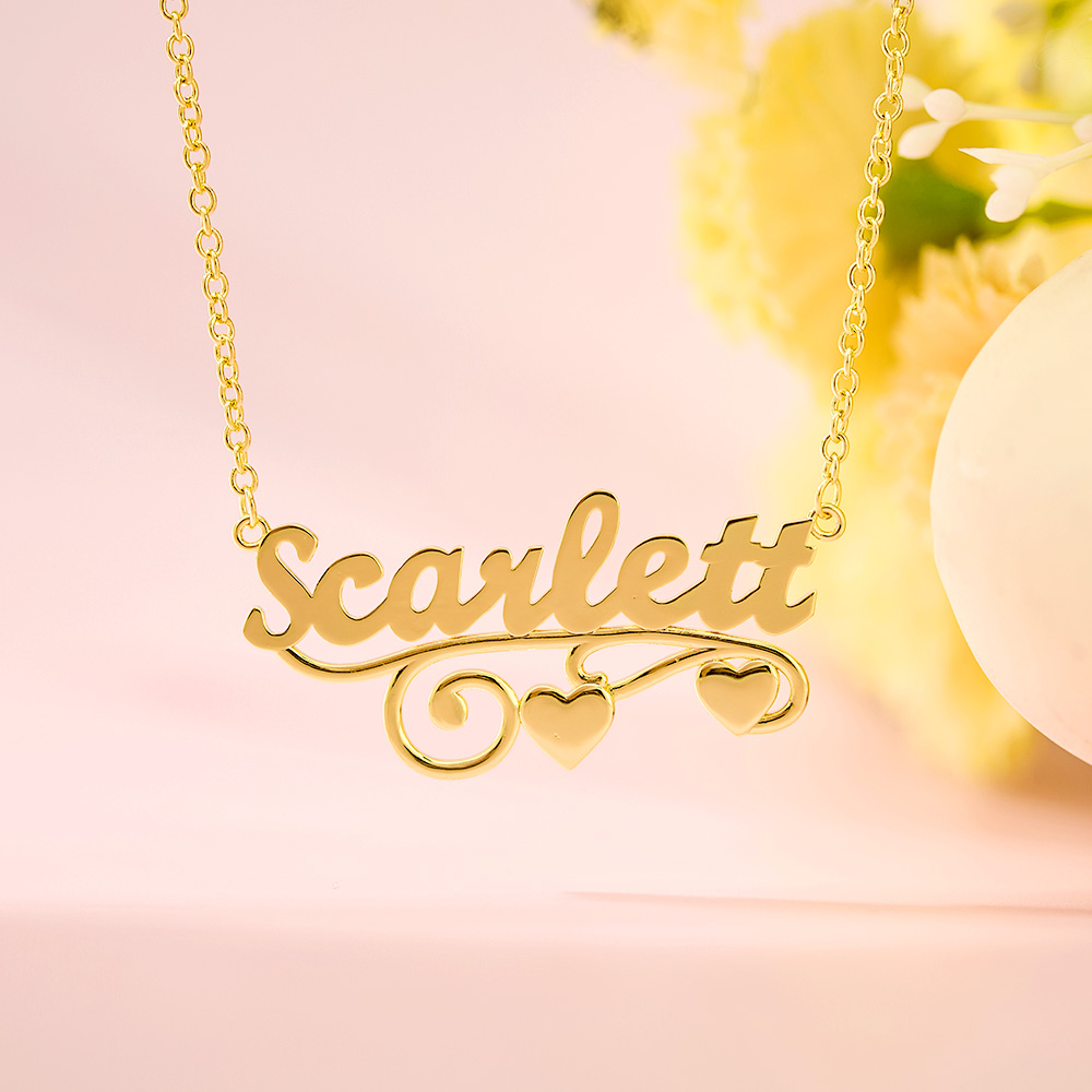 Custom Gold Plated Name Necklace With Two Hearts