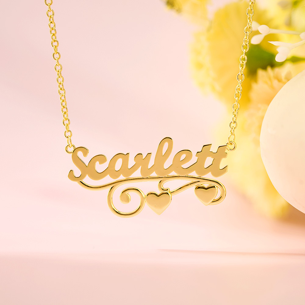 Custom Gold Plated Name Necklace With Two Hearts