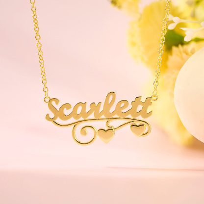 Custom Gold Plated Name Necklace With Two Hearts