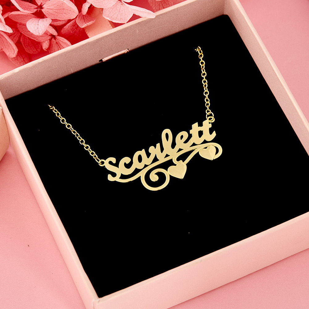 Custom Gold Plated Name Necklace With Two Hearts