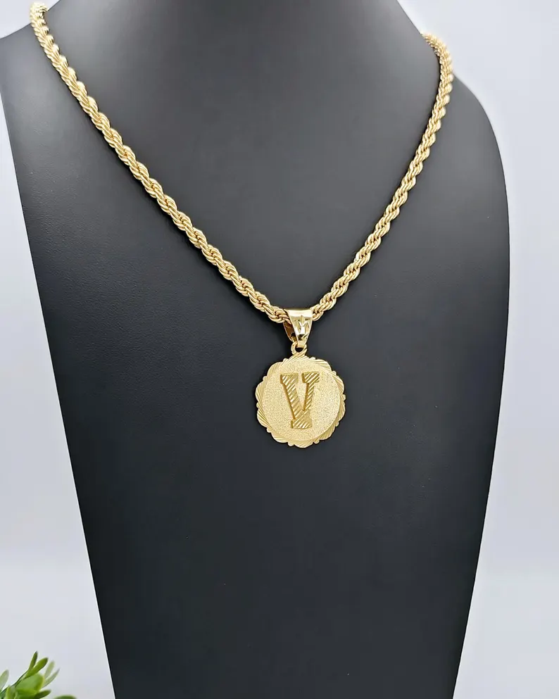 Gold Plated Circle Initial Pendant Rope Chain Necklace