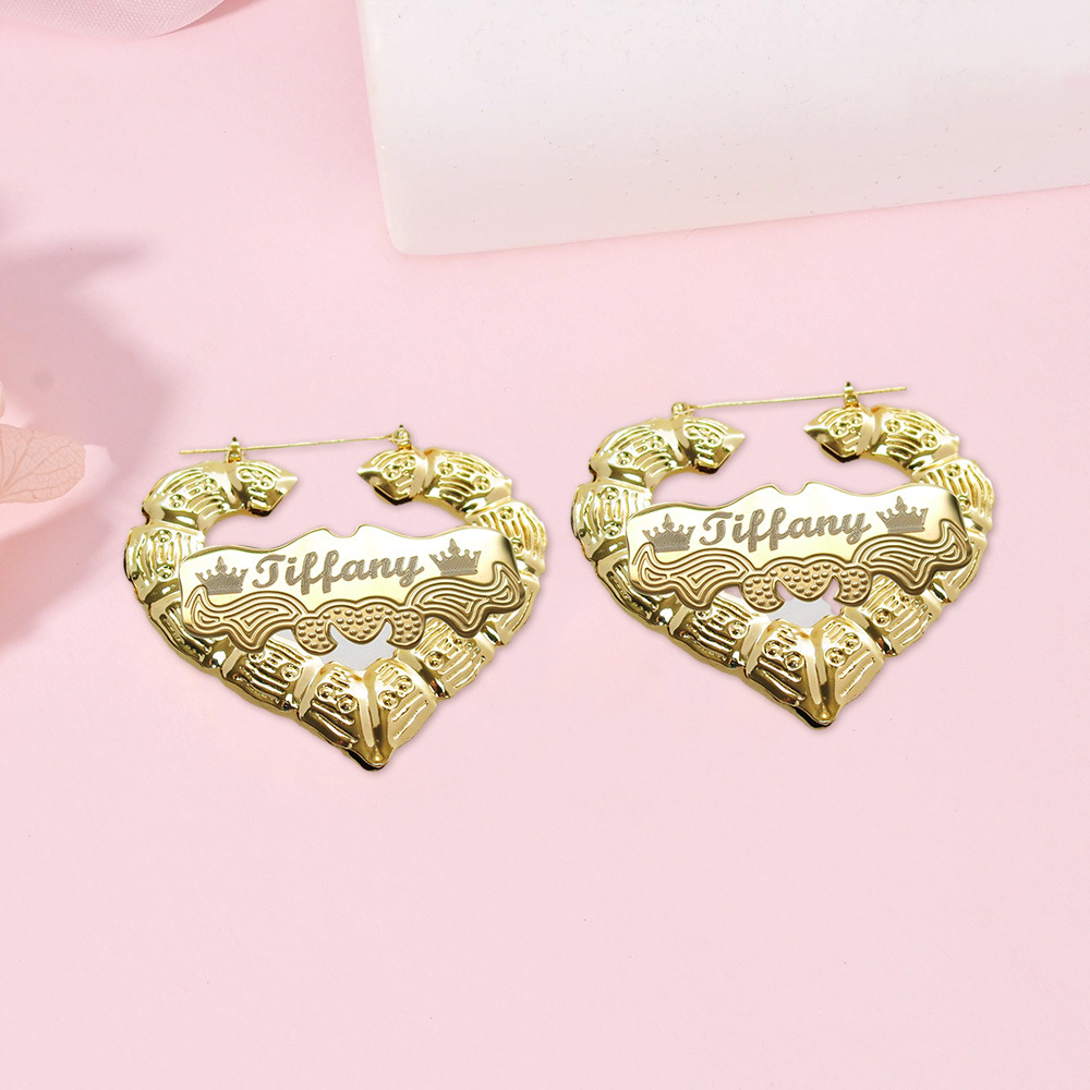 Personalized Heart Shape Bamboo Crown Name Earrings