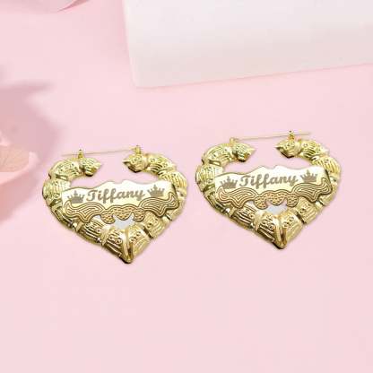 Personalized Heart Shape Bamboo Crown Name Earrings