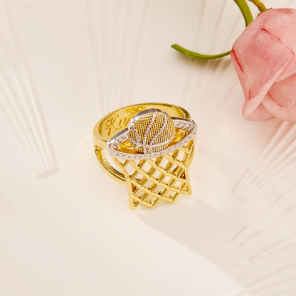 Personalized Two Tone Basketball Hoop Signet Engraved Ring