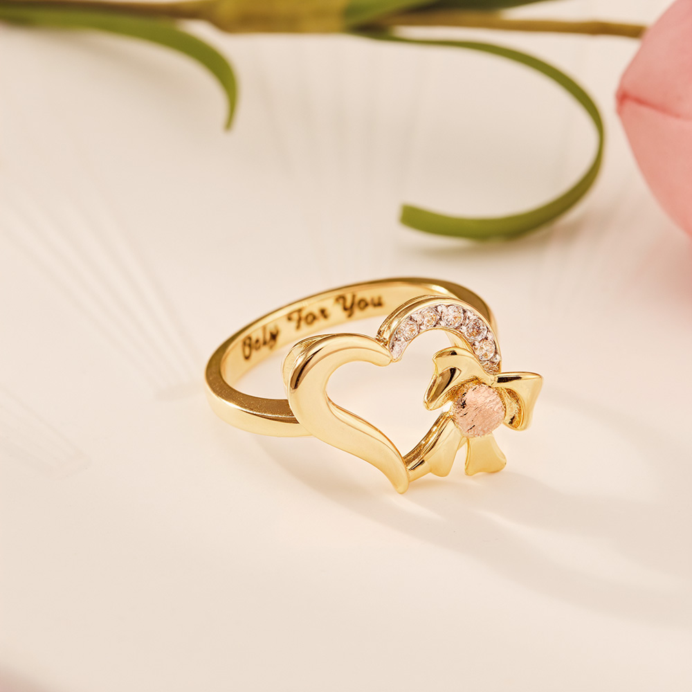 Ribbon Sparkly Cubic Zirconia Heart Ring with Engraved Text
