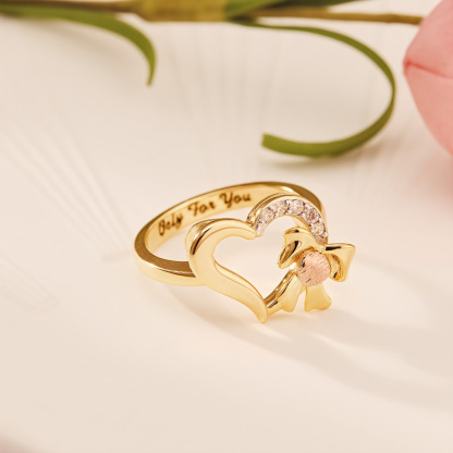 Ribbon Sparkly Cubic Zirconia Heart Ring with Engraved Text