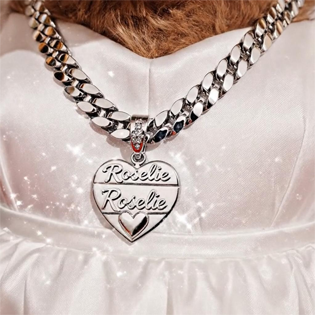 White Gold Cuban Chain Customized Couple Heart Two Names Necklace