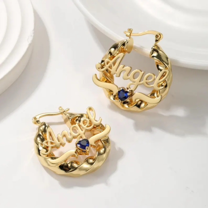 Custom Name Hoop Birthstone Stud Earrings Gold or Silver Personalized Earrings