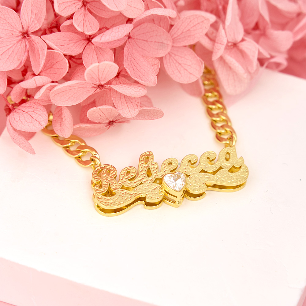 Custom Double Plated Name Necklace With Birthstone And Heart