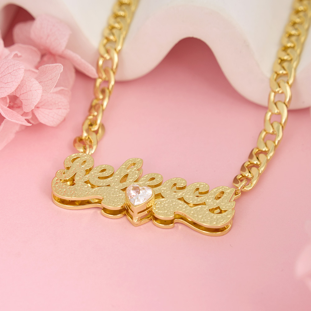 Custom Double Plated Name Necklace With Birthstone And Heart