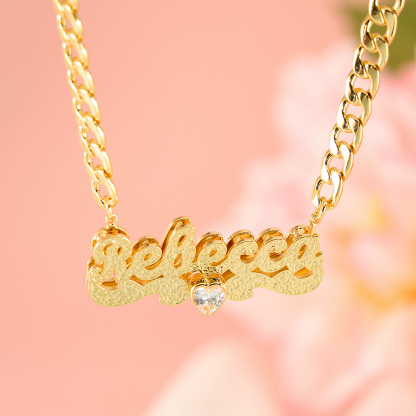 Custom Double Plated Name Necklace With Birthstone And Heart