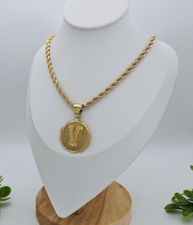 Gold Plated Circle Initial Pendant Rope Chain Necklace