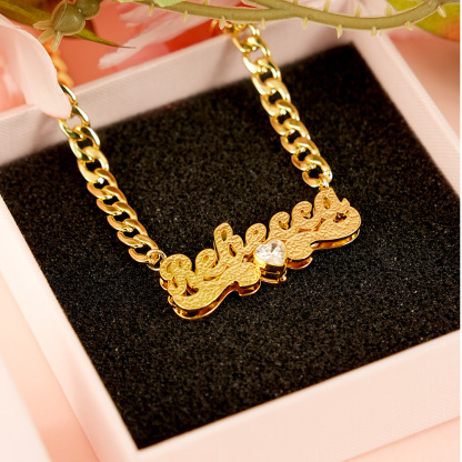 Custom Double Plated Name Necklace With Birthstone And Heart