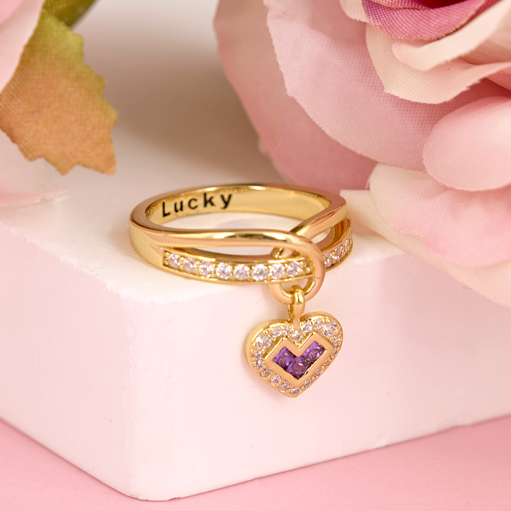 Heart Charms Ring With Birthstone Pendant