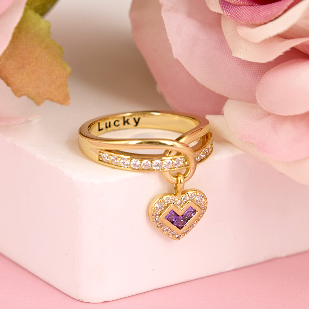 Heart Charms Ring With Birthstone Pendant
