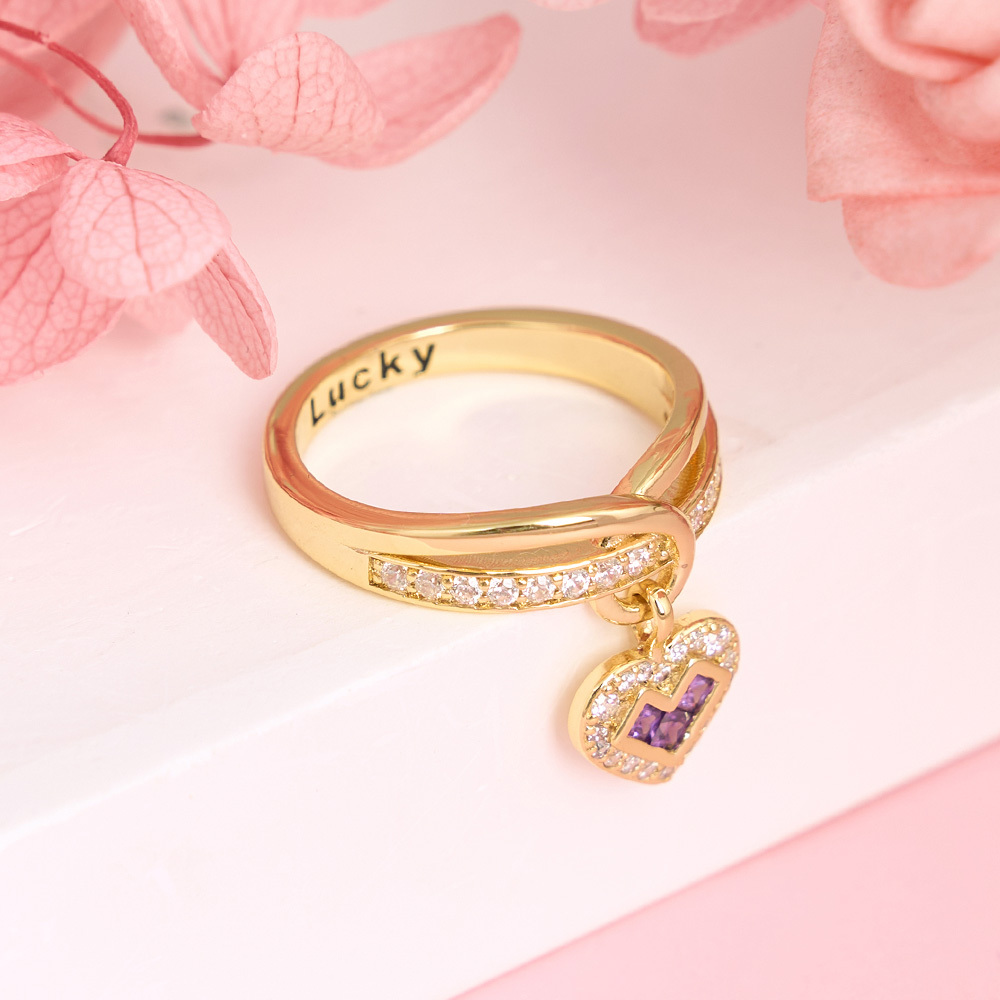 Heart Charms Ring With Birthstone Pendant