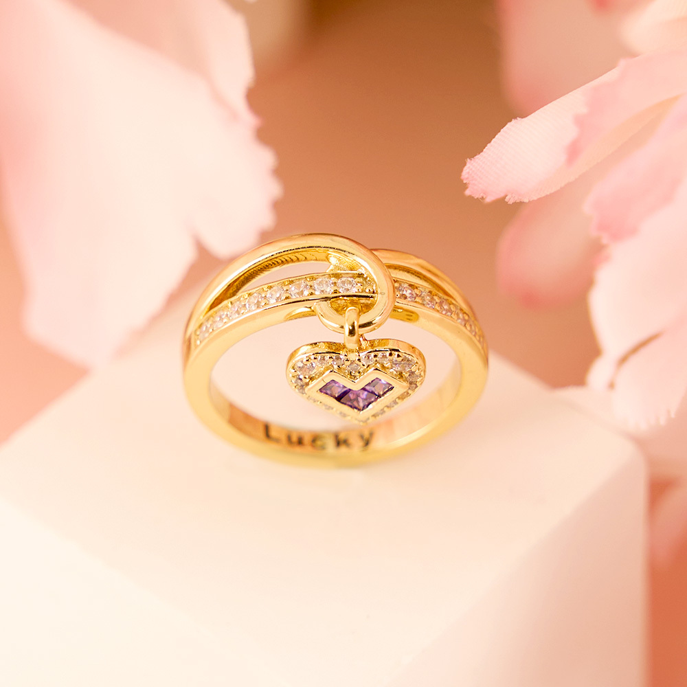 Heart Charms Ring With Birthstone Pendant