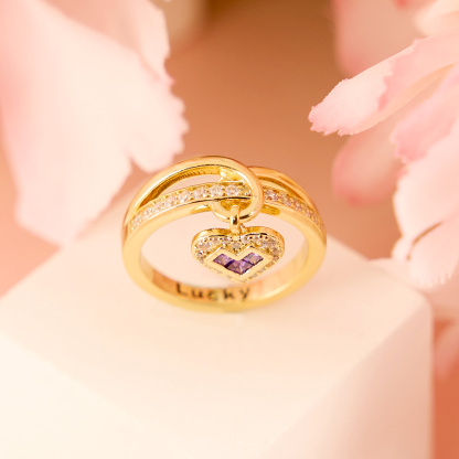 Heart Charms Ring With Birthstone Pendant