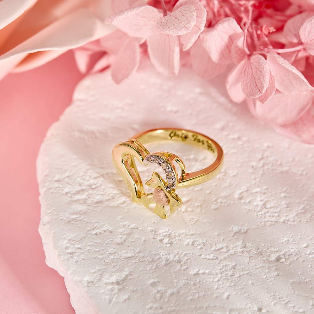 Ribbon Sparkly Cubic Zirconia Heart Ring with Engraved Text