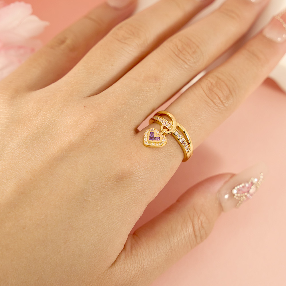 Heart Charms Ring With Birthstone Pendant