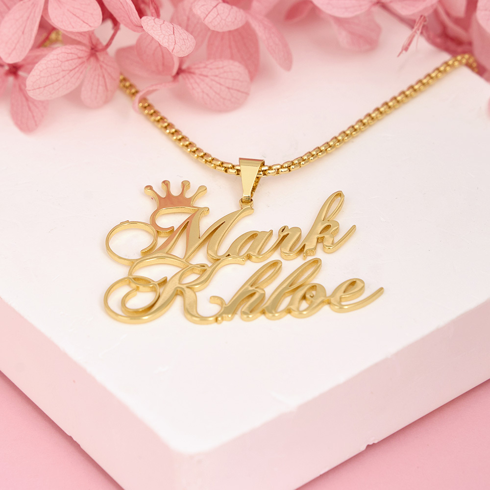  Two Names with Crown Personalized Custom Gold Plated Name Necklace Couple Necklace