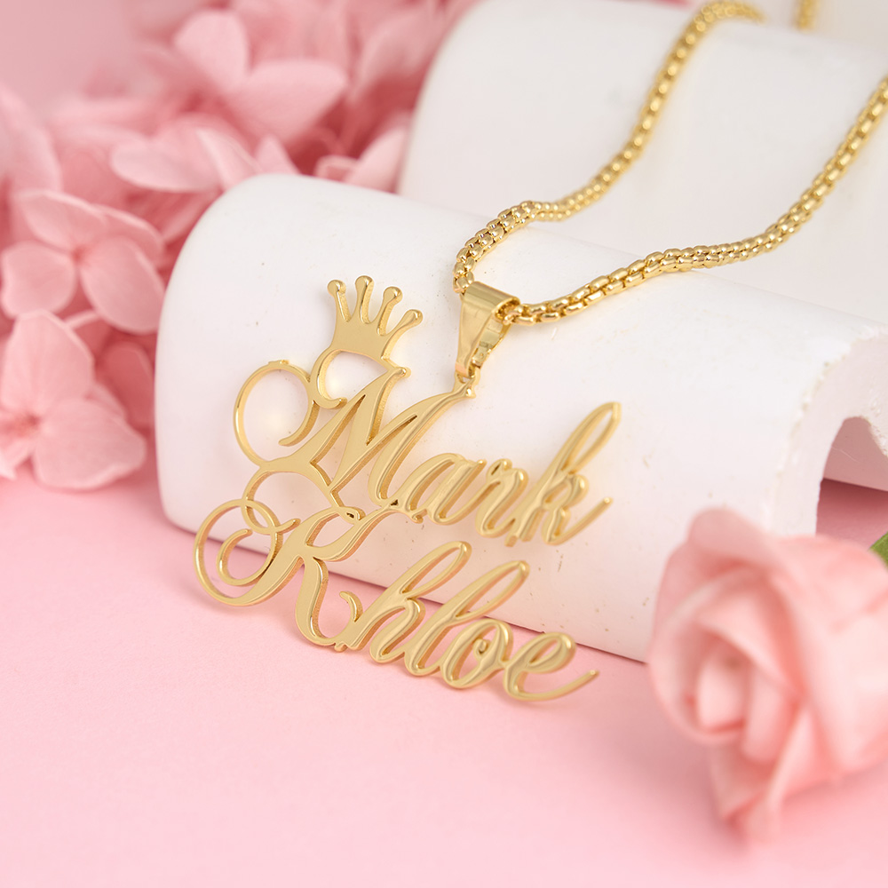  Two Names with Crown Personalized Custom Gold Plated Name Necklace Couple Necklace-silviax