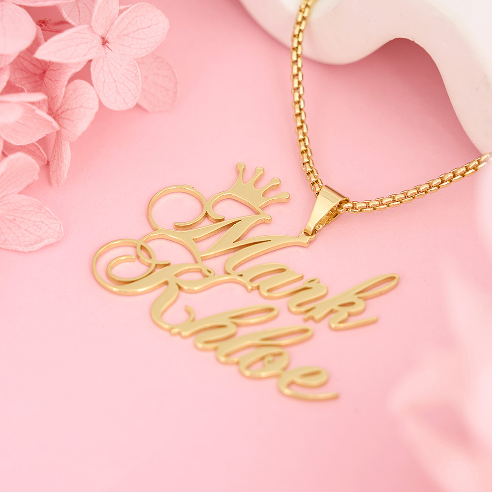  Two Names with Crown Personalized Custom Gold Plated Name Necklace Couple Necklace