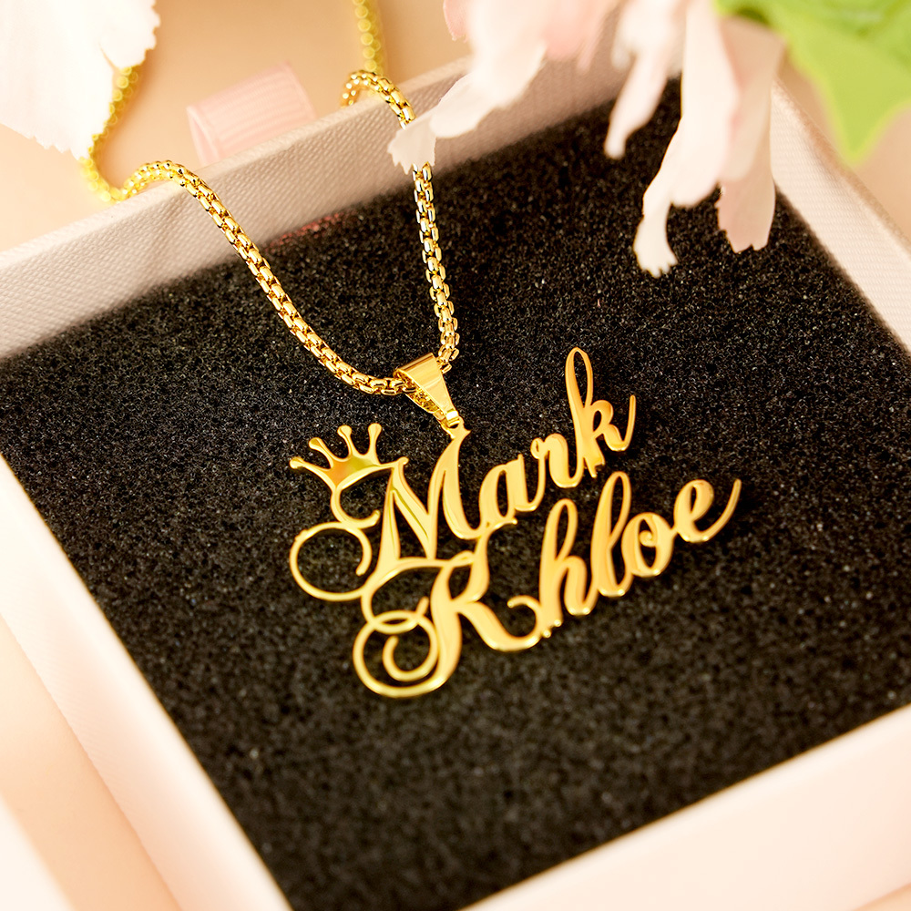  Two Names with Crown Personalized Custom Gold Plated Name Necklace Couple Necklace