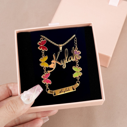 Engraved Heart Font Personalized Name Necklace and Butterfly Bracelet