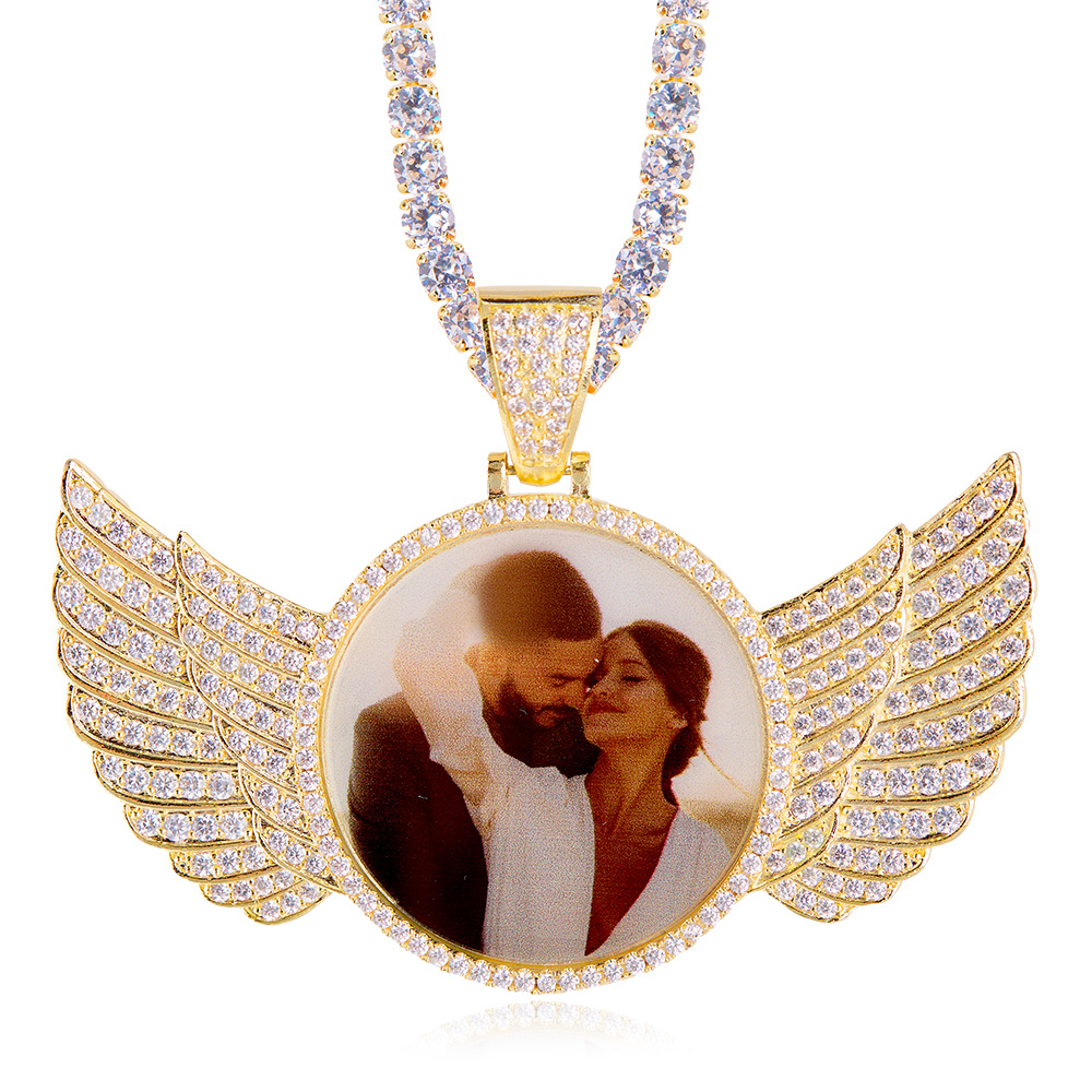 Angel Wings with Tennis Chain Gold Plated Personalized Circular Pendant Photo Necklace