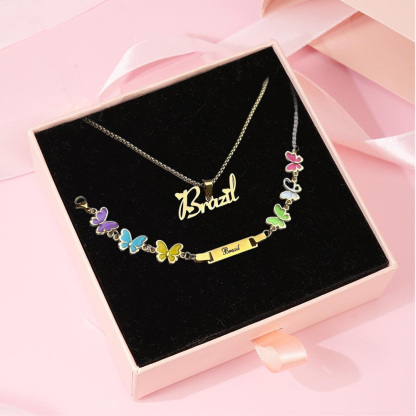 Engraved Heart Font Personalized Name Necklace and Butterfly Bracelet