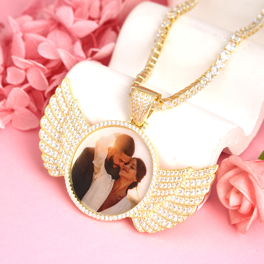 Angel Wings with Tennis Chain Gold Plated Personalized Circular Pendant Photo Necklace