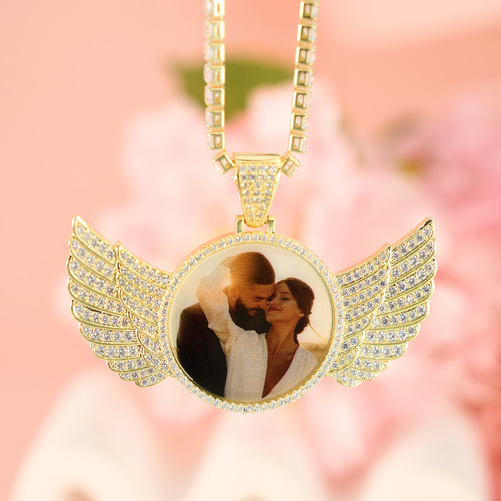 Angel Wings with Tennis Chain Gold Plated Personalized Circular Pendant Photo Necklace