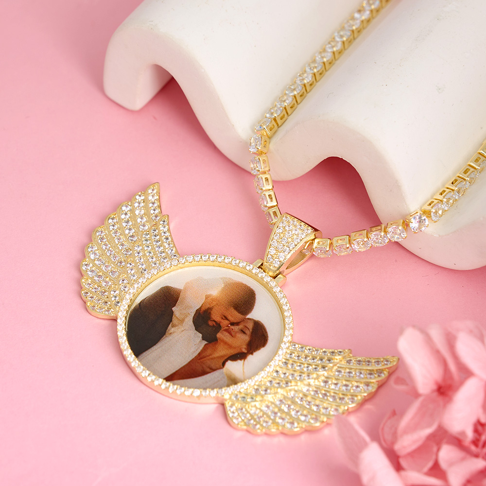Angel Wings with Tennis Chain Gold Plated Personalized Circular Pendant Photo Necklace