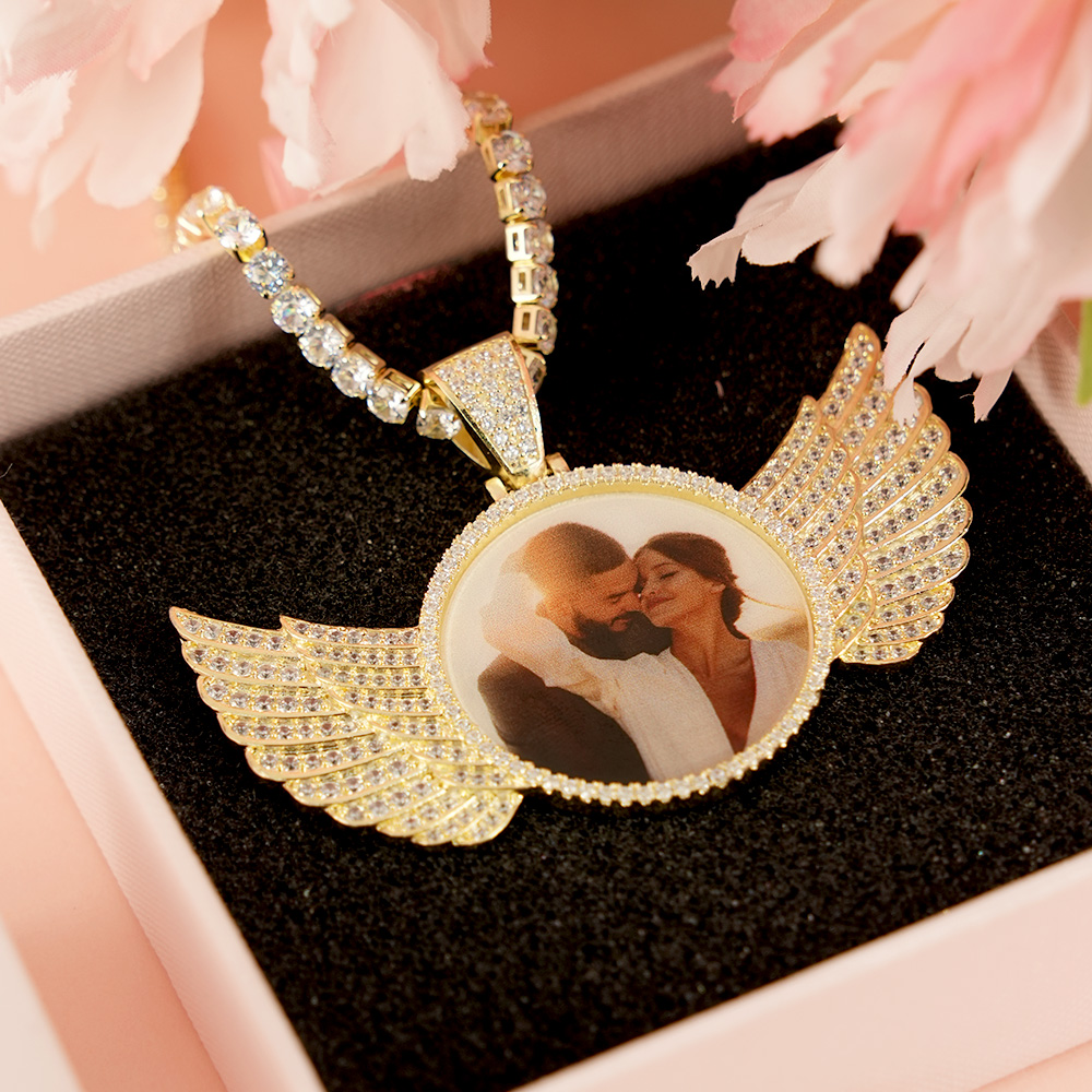 Angel Wings with Tennis Chain Gold Plated Personalized Circular Pendant Photo Necklace