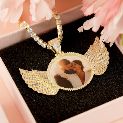 Angel Wings with Tennis Chain Gold Plated Personalized Circular Pendant Photo Necklace