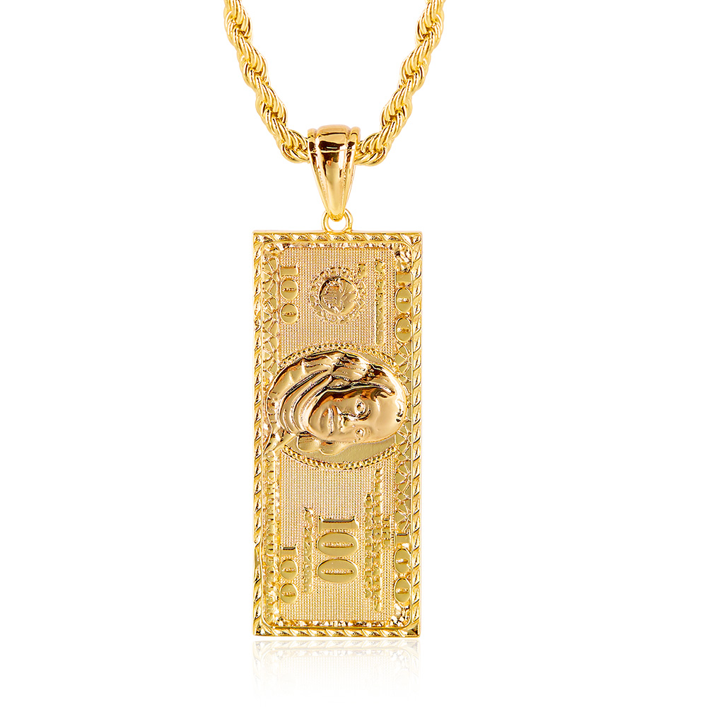 Gold Plated 100 Hundred Dollar Bill Necklace Money Luck Charm Pendant Necklace