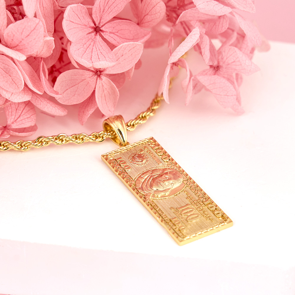 Gold Plated 100 Hundred Dollar Bill Necklace Money Luck Charm Pendant Necklace