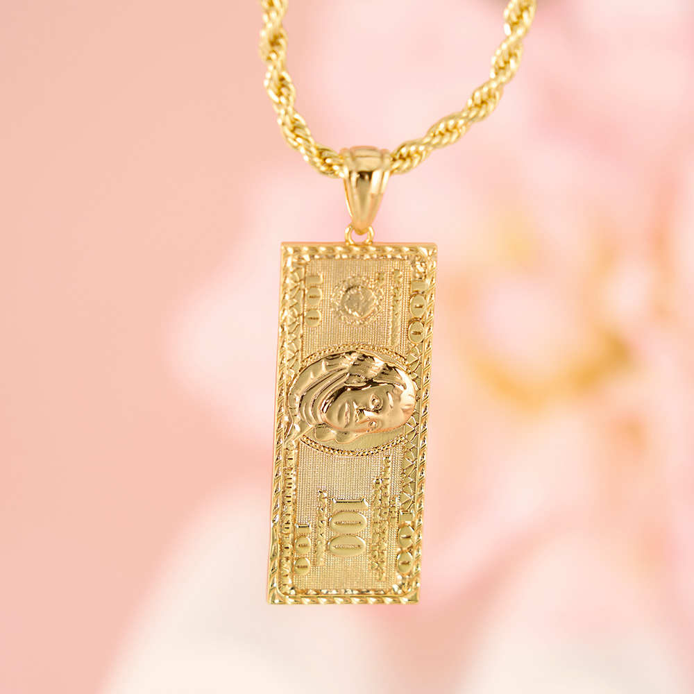 Gold Plated 100 Hundred Dollar Bill Necklace Money Luck Charm Pendant Necklace