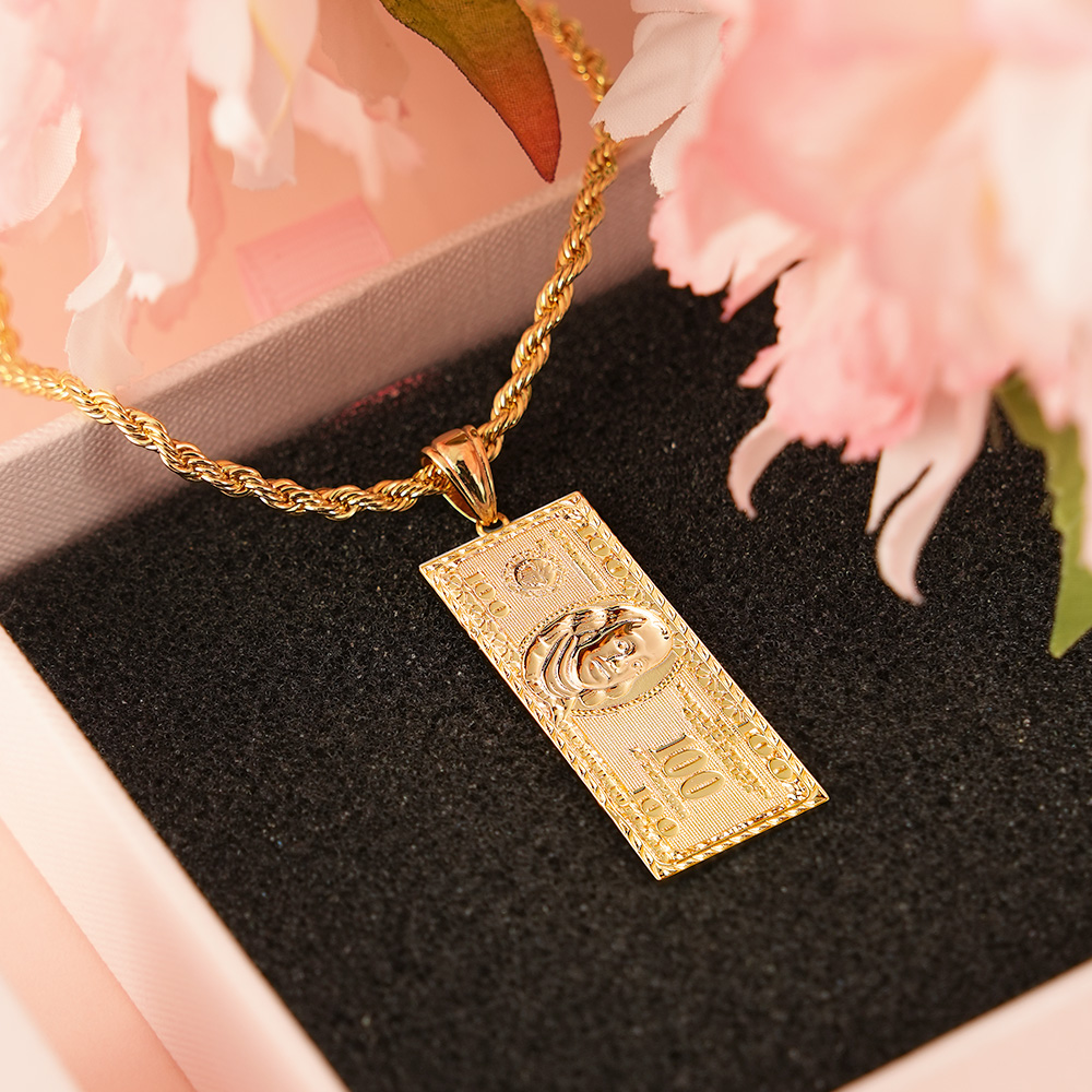 Gold Plated 100 Hundred Dollar Bill Necklace Money Luck Charm Pendant Necklace