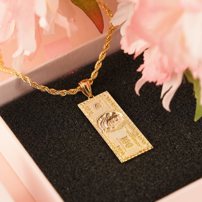 Gold Plated 100 Hundred Dollar Bill Necklace Money Luck Charm Pendant Necklace