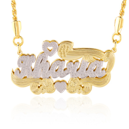 Double Plated Heart Bird Nameplate Necklace Gold Plated